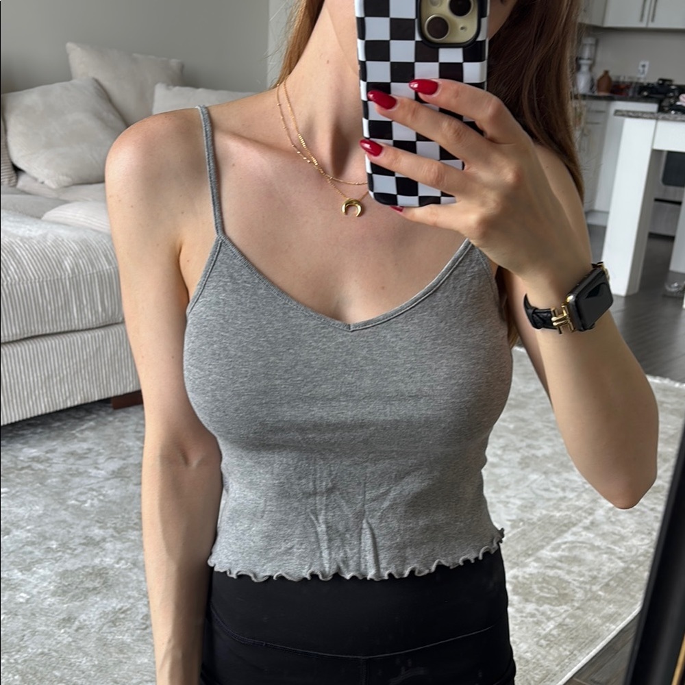 Urban outfitters v neck Gray Women's Spaghetti Strap Top tank ruffle hem
